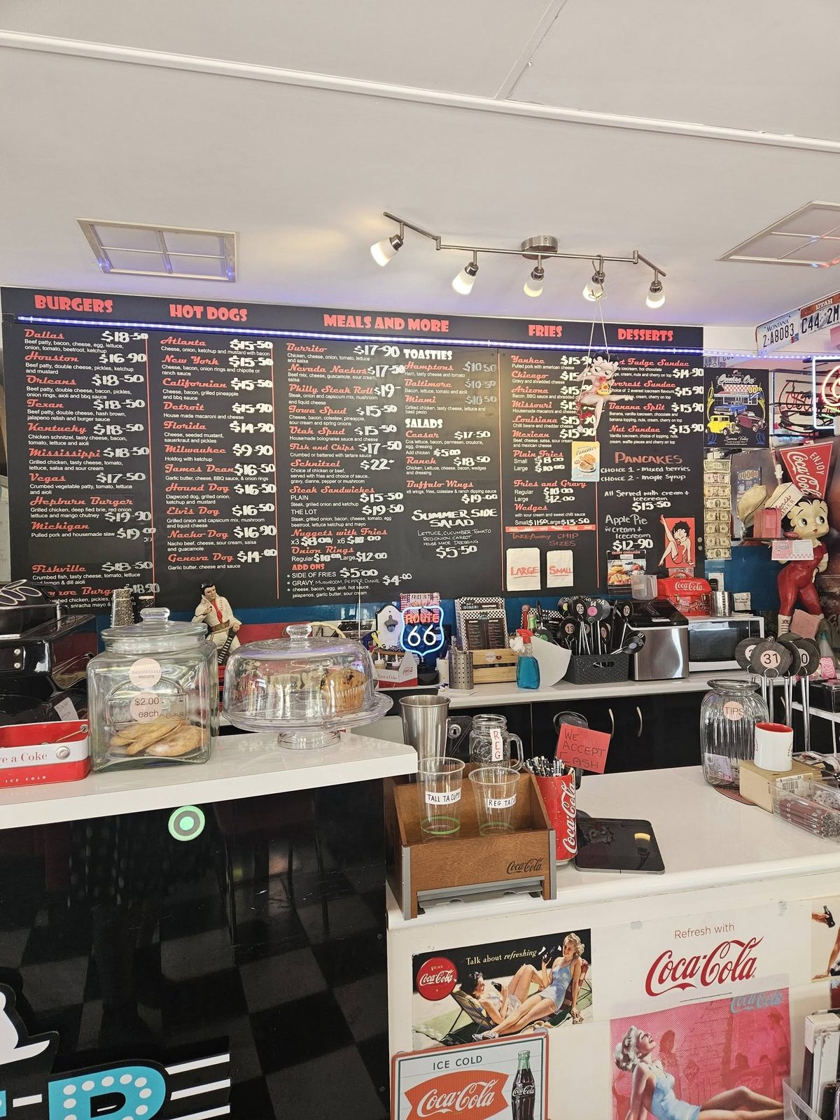 Vinyl records and rock 'n' roll memorabilia on the diner walls
